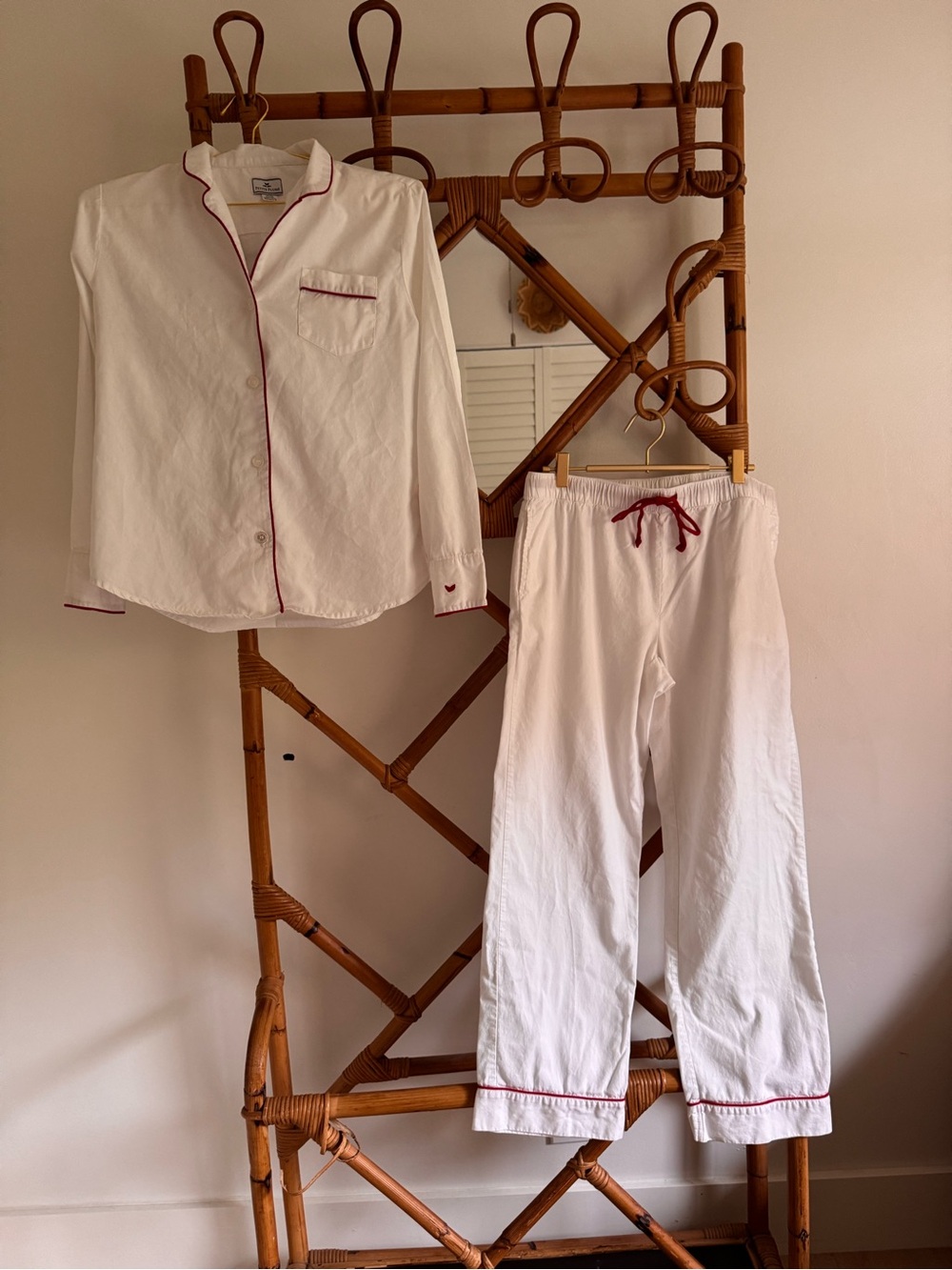 Petite Plume Classic White Cotton Pajama Set with Red Piping